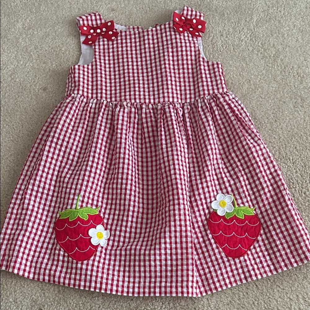Girls 3T casual strawberry sundress Gigham seersucker - Picture 1 of 4